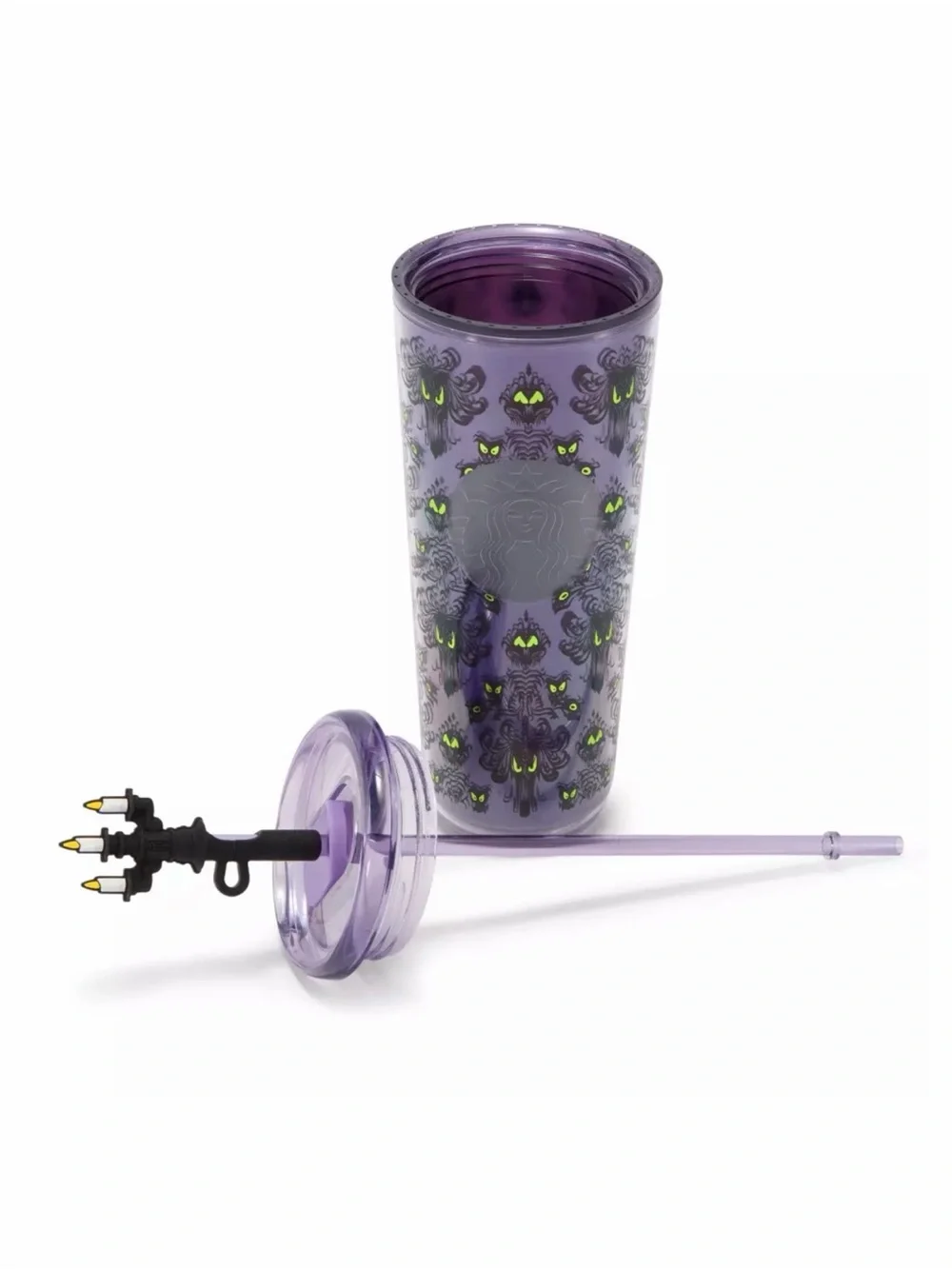 NEW DISNEY STARBUCKS HAUNTED MANSION EYES 24oz TUMBLER WITH STRAW & CANDELABRA